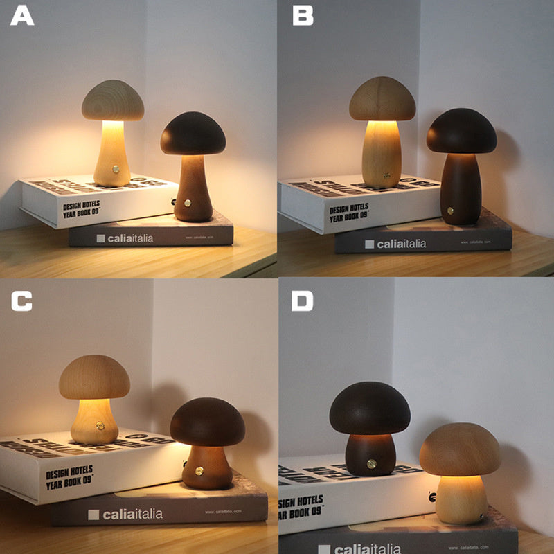 Wooden Mushrooms Night Light Bedroom Bedside Table Lamp Walnut Beech Wood Warm Dimmable Desk Light  3