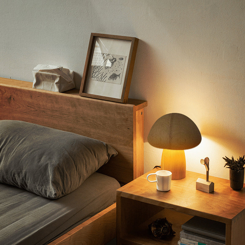 Wooden Mushrooms Night Light, Bedroom Bedside Table Lamp Walnut Beech Wood, Warm Dimmable Desk Light USB Chargeable