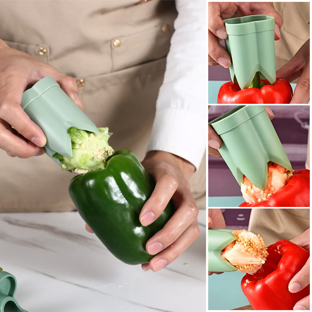 Quick-Core Kitchen Tool: 2-in-1 Seed Remover for Peppers and Fruit, Reusable, Portable Vegetable Coring Tool for Easy M