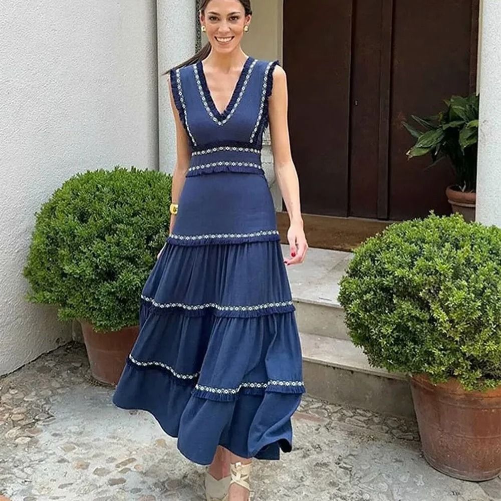 Sleeveless V Neck Tassel Summer Dress
