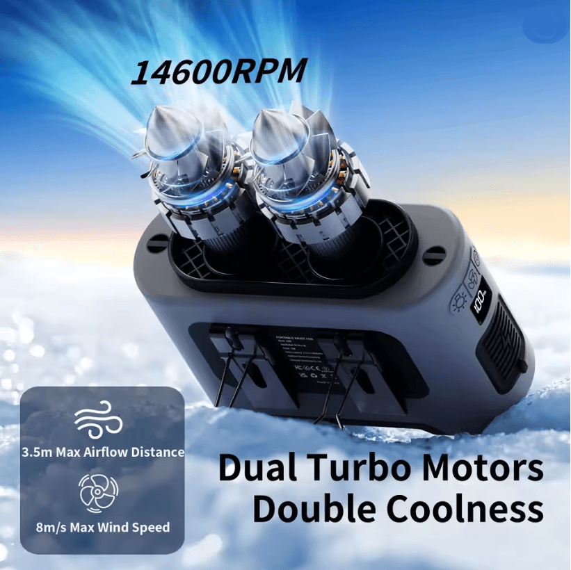 Portable Waist Fan 14500mAh Rechargeable Cooling Fan with Dual Airflow Outlets and Power Bank Function