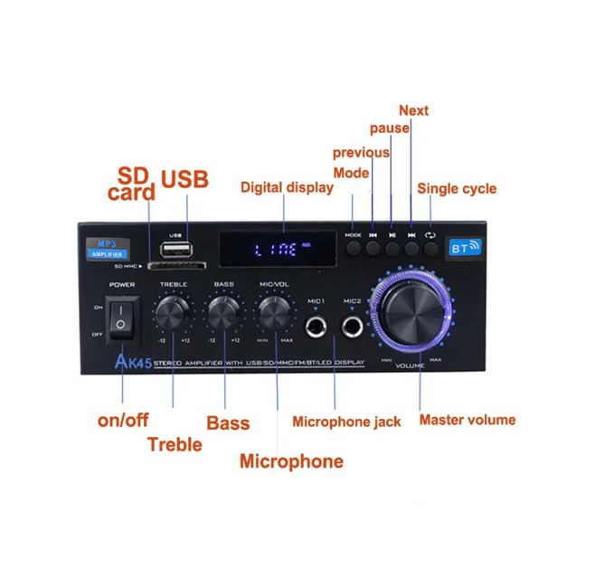 AK45 HiFi Bluetooth Audio Amplifier Stereo Power Amp For Home And Car Speakers 1