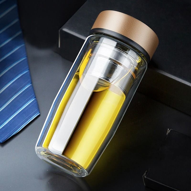 Double Deck Glass Cup Portable Tea Milk Coffee Glass Cup With Lid Thermal Insulation Anti Scald Dri 2