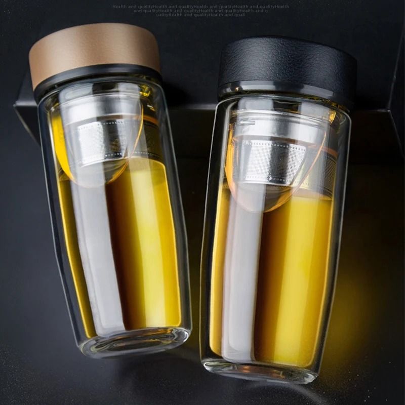 Double Deck Glass Cup Portable Tea Milk Coffee Glass Cup With Lid Thermal Insulation Anti Scald Dri 5