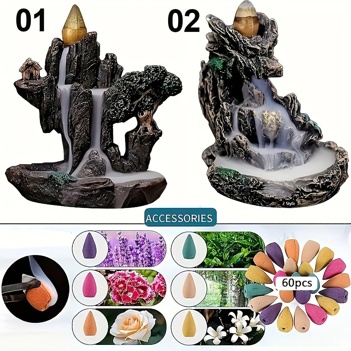 Waterfall Reflux Incense Burner With 60 Cones 2