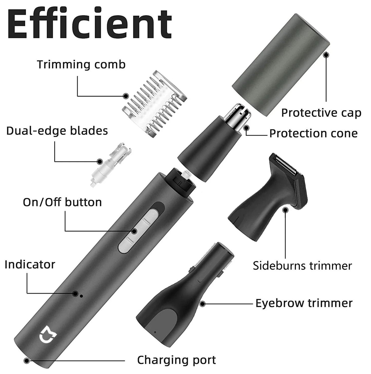 Rechargeable 3 In 1 Nose Ear And Eyebrow Hair Trimmer With Beard And Sideburn Attachments 2