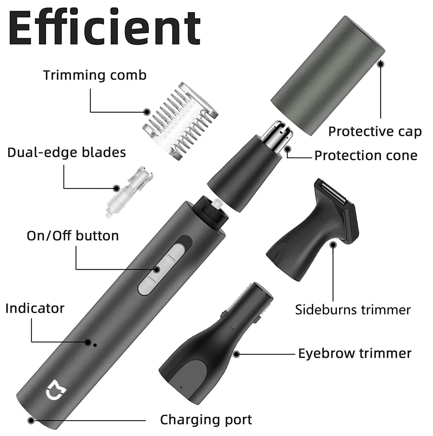 Rechargeable 3 In 1 Nose Ear And Eyebrow Hair Trimmer With Beard And Sideburn Attachments 2