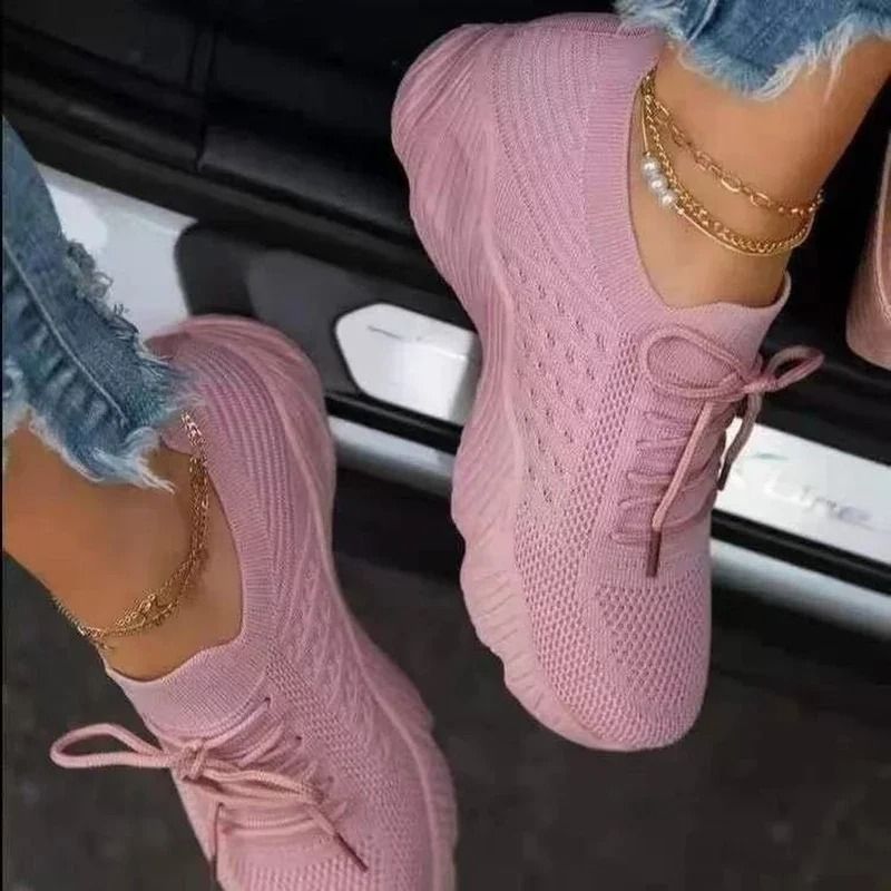 Womens Mesh Breathable Platform Sneakers With Lace Up Design