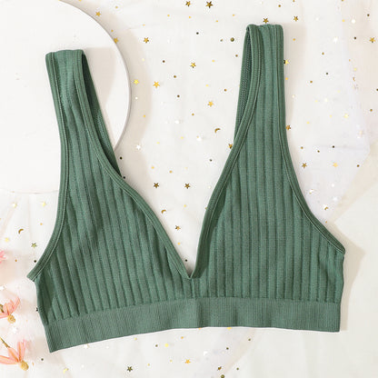 Sexy V Neck Push Up Bras For Women Seamless Bra, Ribbed Bralette Low Back Lingerie, Sleep Underwear Unlined Bra Crop Top