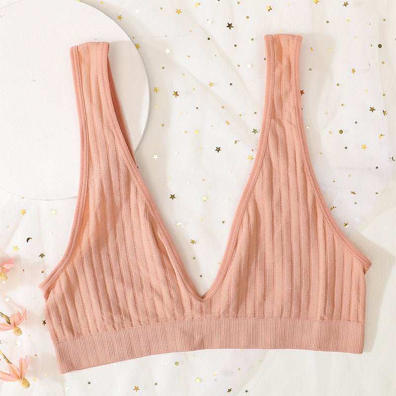 Sexy V Neck Push Up Bras For Women Seamless Bra, Ribbed Bralette Low Back Lingerie, Sleep Underwear Unlined Bra Crop Top