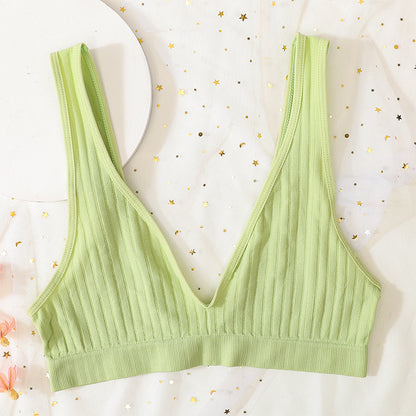 Sexy V Neck Push Up Bras For Women Seamless Bra, Ribbed Bralette Low Back Lingerie, Sleep Underwear Unlined Bra Crop Top