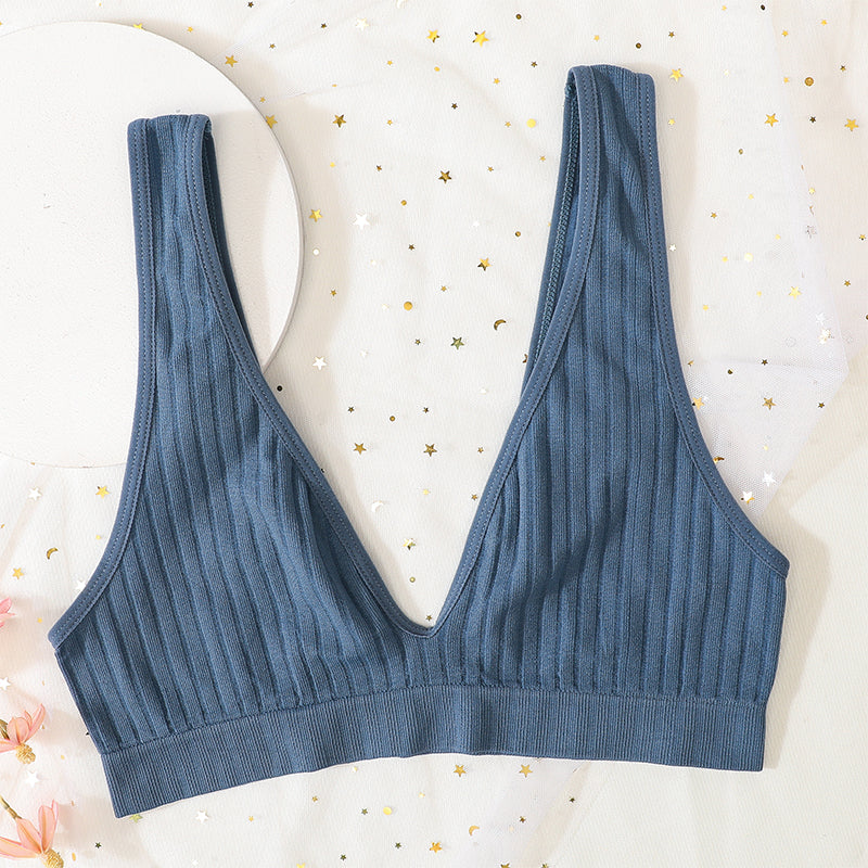 Sexy V Neck Push Up Bras For Women Seamless Bra, Ribbed Bralette Low Back Lingerie, Sleep Underwear Unlined Bra Crop Top