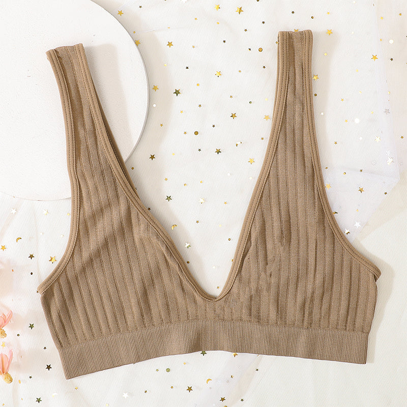 Sexy V Neck Push Up Bras For Women Seamless Bra, Ribbed Bralette Low Back Lingerie, Sleep Underwear Unlined Bra Crop Top