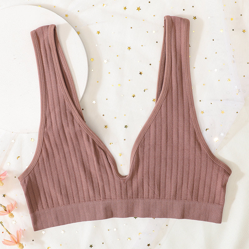 Sexy V Neck Push Up Bras For Women Seamless Bra, Ribbed Bralette Low Back Lingerie, Sleep Underwear Unlined Bra Crop Top