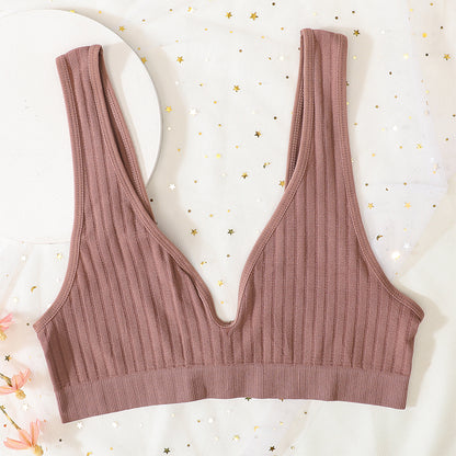 Sexy V Neck Push Up Bras For Women Seamless Bra, Ribbed Bralette Low Back Lingerie, Sleep Underwear Unlined Bra Crop Top