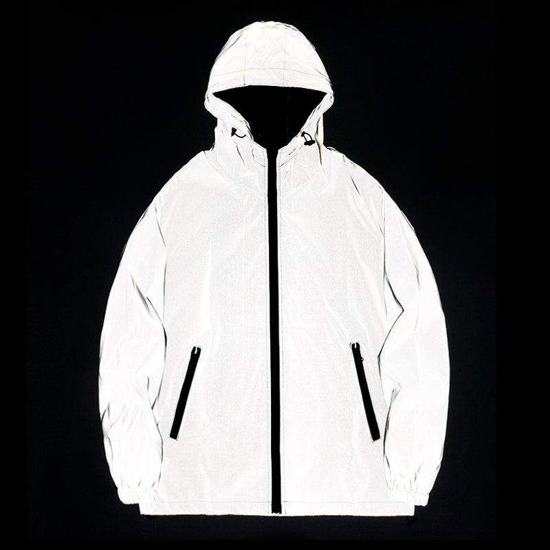 Mens Night Reflective Jackets With Hood Double Fabric Hip Hop Windbreaker Waterproof Zipper Coats   1