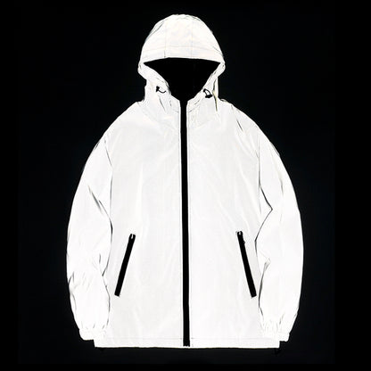 Mens Night Reflective Jackets With Hood Double Fabric Hip Hop Windbreaker Waterproof Zipper Coats   1