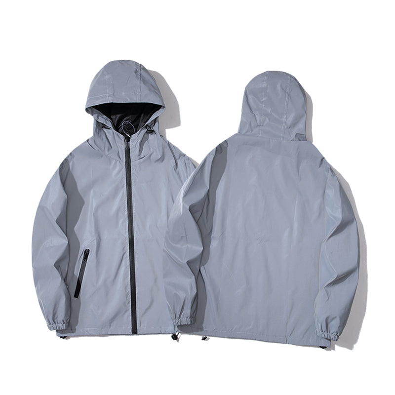 Mens Night Reflective Jackets With Hood Double Fabric Hip Hop Windbreaker Waterproof Zipper Coats   4