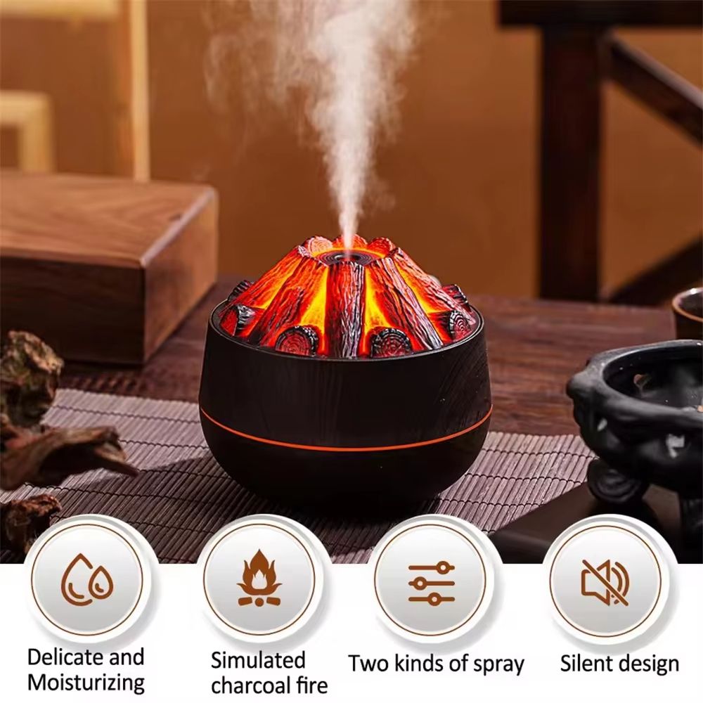 Charcoal Flame Aromatherapy Humidifier – 300ml Ultrasonic Essential Oil Diffuser with Night Light for Bedroom and Office