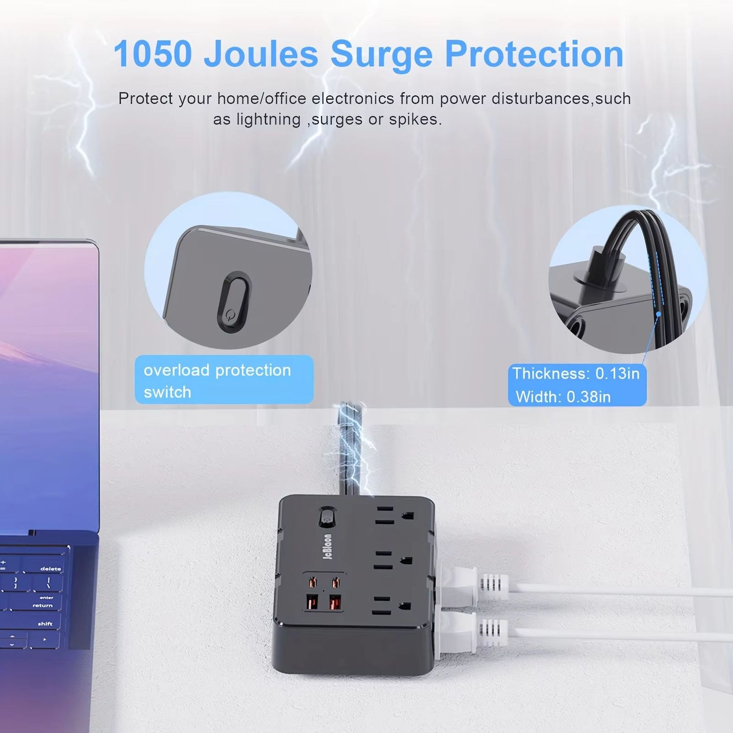 Ultra Thin Flat Plug Power Strip With 6 Outlets And 4 USB Ports 2 USBC  5ft Surge Protector Extensi 4