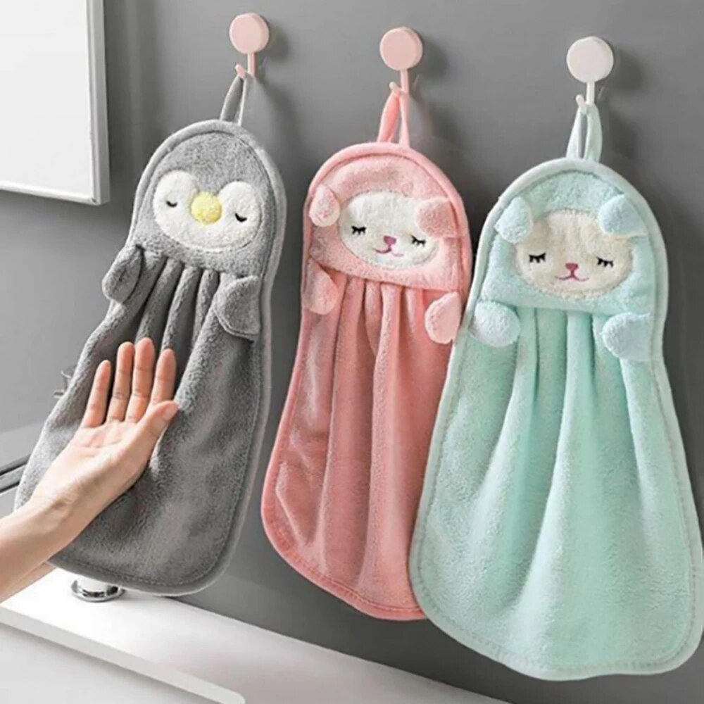Cute Animal Kids Toddler Hand Towels for Home Bathroom Kitchen with Hanging Loop, Soft & Absorbent Hanging Towels
