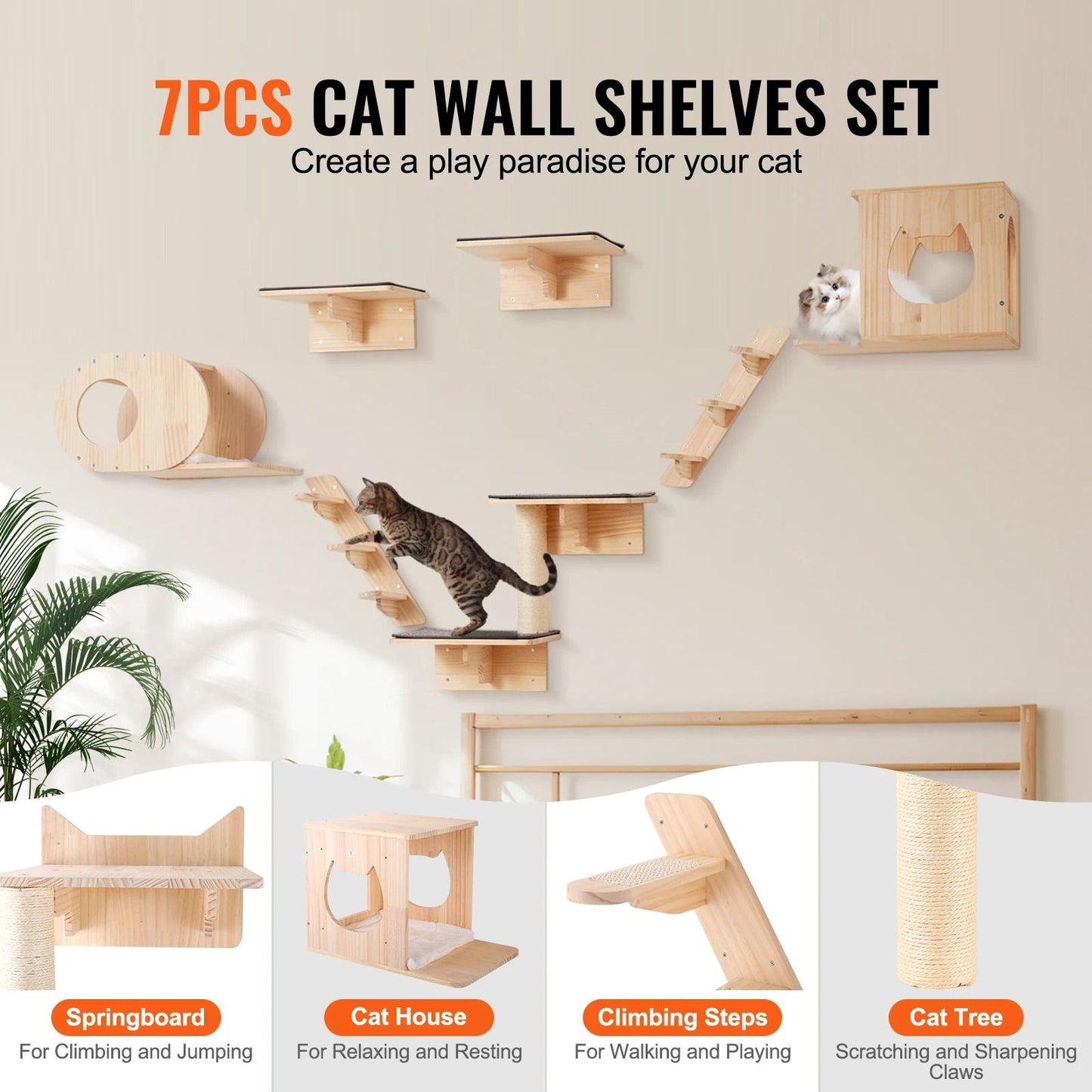 Wall Mounted Cat Play and Relax Set with Multiple Perches Hammock and Jumping Boards