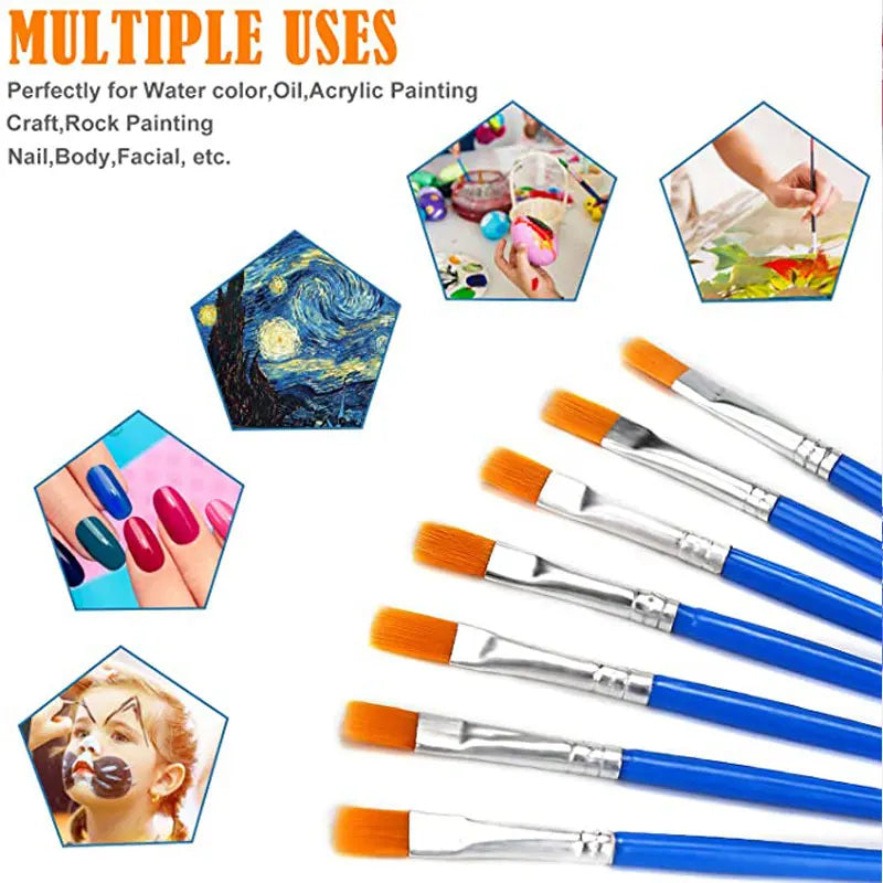 50Pcs Painting Brushes Set Round and Flat Nylon Hair Paint Brush for Watercolor, Oil, Acrylic, Kids Art and Craft