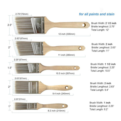 Professional Paint Brushes Set Pack of 5, Durable Sash Brushes with Soft Tapered Filament for Walls, Cabinets, Fence
