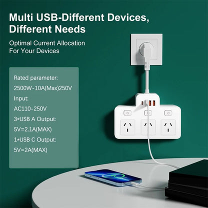 Wall Mounted AU Power Strip With Independent Switches And USB C Charging Ports 1