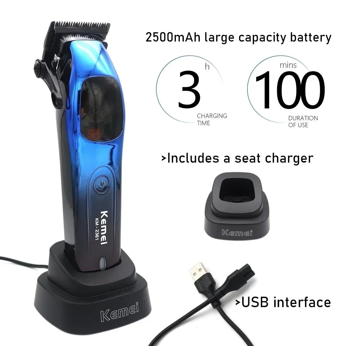 Professional Cordless Hair Clipper With 10000RPM Magnetic Motor And DLC Blade 3