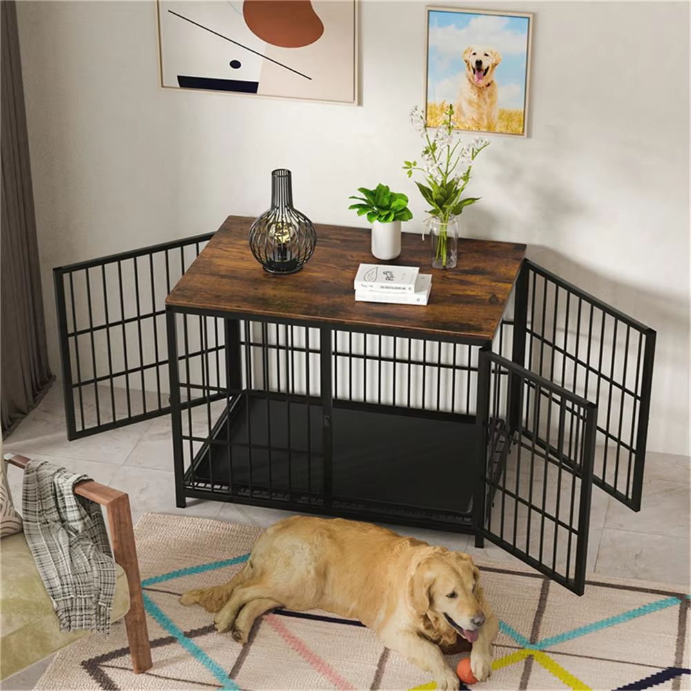 Large Wooden Dog Crate Furniture Style – Indoor Pet Kennel with Removable Tray & Triple-Door Design