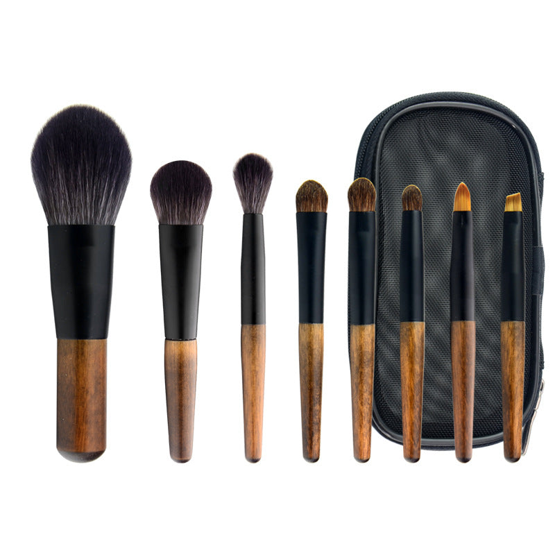 Mini Travel Makeup Brush Set with Pouch, Portable Wooden Handle Cosmetic Brushes for Powder, Blush Highlighter Eyeshadow