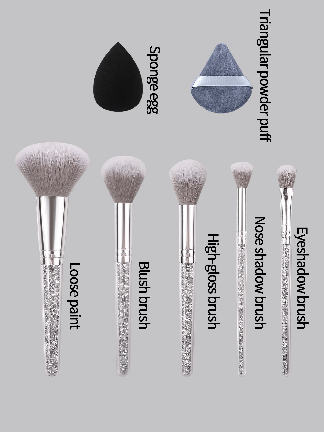 Makeup Brush Set with Diamond Handles, Soft Bristle Blush Eyeshadow Contouring Brush, Makeup Sponge Powder Puf