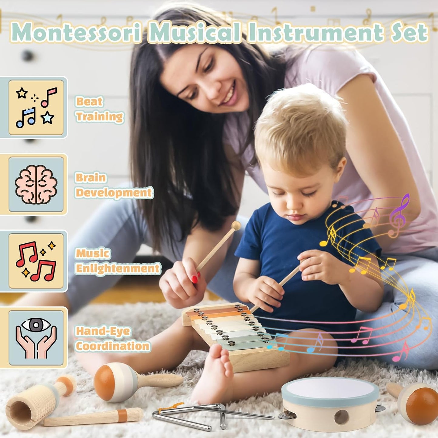 Baby Musical Instruments Montessori Wooden Toys Percussion Xylophone Set For Toddlers Preschool Edu 1