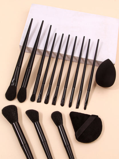 13pcs Black Makeup Brush Set with Soft Powder Brush, Portable Makeup Tools, 1PCS Triangular Puff, Foundation Sponge