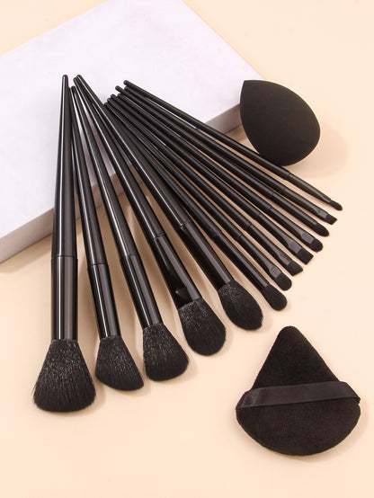 13pcs Black Makeup Brush Set with Soft Powder Brush, Portable Makeup Tools, 1PCS Triangular Puff, Foundation Sponge