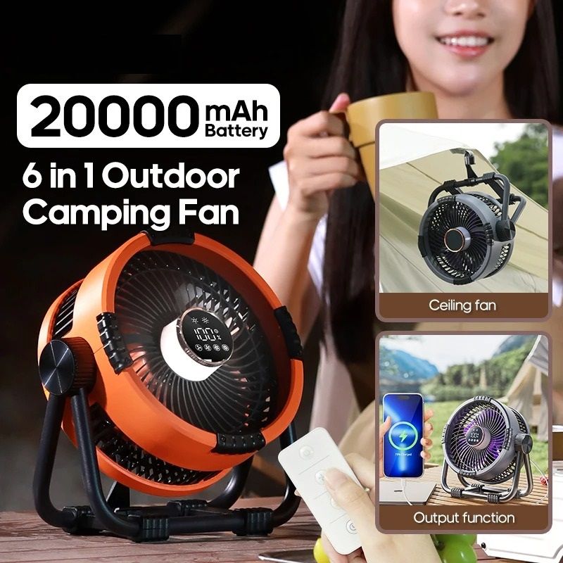Multifunctional Camping Fan with Rechargeable Battery LED Light and Power Bank
