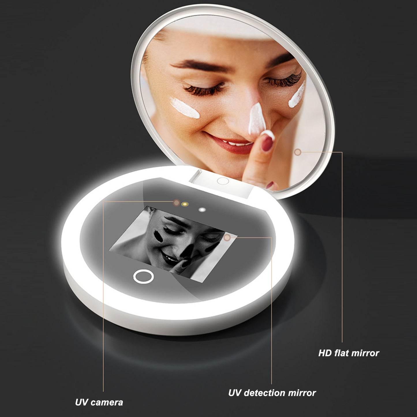 Travel Makeup UV Mirror Sunscreen Testing Camera with Light, 2X Magnification, 3.5in Compact Pocket Size