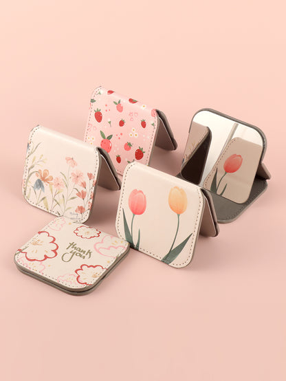 Portable Square Stainless Steel Makeup Mirror, Printed Pattern, Anti Fall, Dirt Resistant, Desktop Handheld Pocket