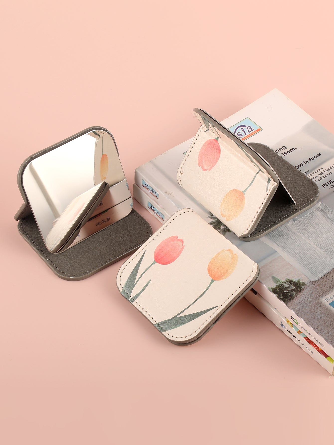 Portable Square Stainless Steel Makeup Mirror, Printed Pattern, Anti Fall, Dirt Resistant, Desktop Handheld Pocket