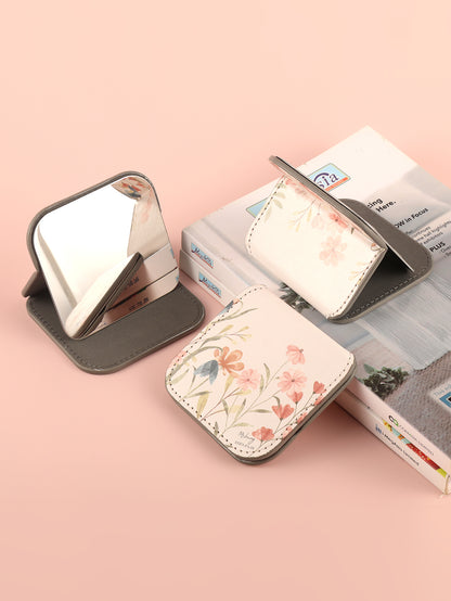 Portable Square Stainless Steel Makeup Mirror, Printed Pattern, Anti Fall, Dirt Resistant, Desktop Handheld Pocket