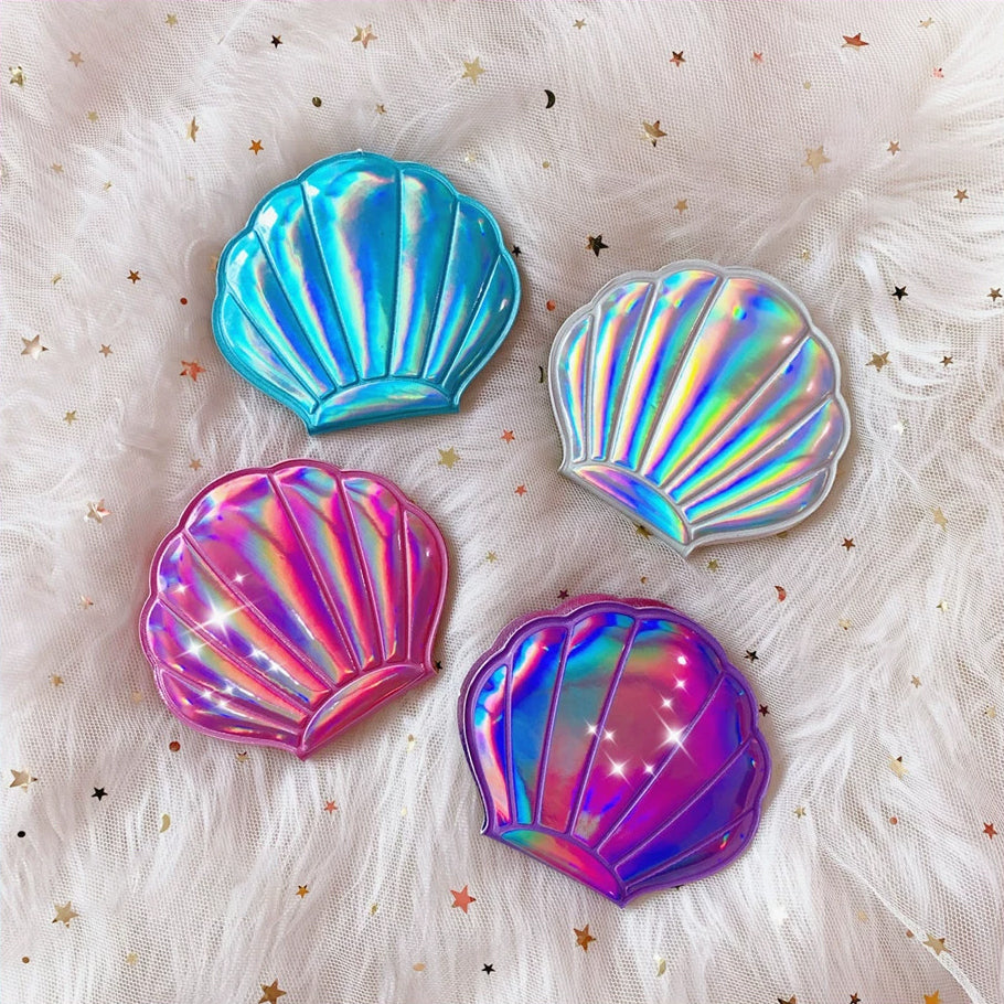 Portable Color Shell Shape Makeup Mirror, Double Sided Magnifying Mirror, Travel Beauty Cosmetic Tool