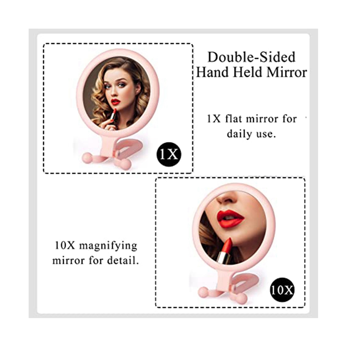 Double Sided Folding Makeup Mirror, 10X Handheld Magnifier, Portable Handheld Mirror with Adjustable Handle for Beauty