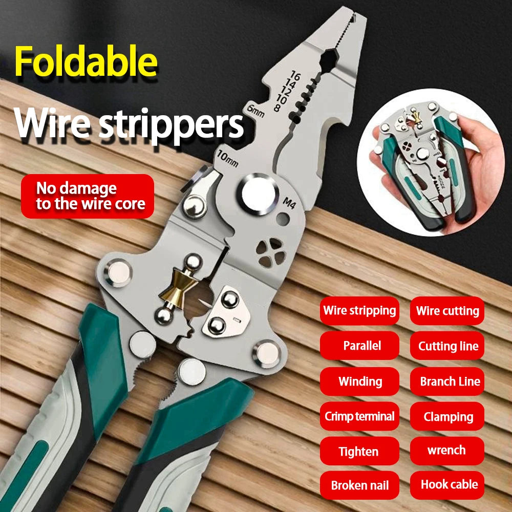 Foldable Wire Stripper, Pulley Design Multi Function Electrician Tool, Wire Splitter, Wire Winding, Pliers Crimping Tool