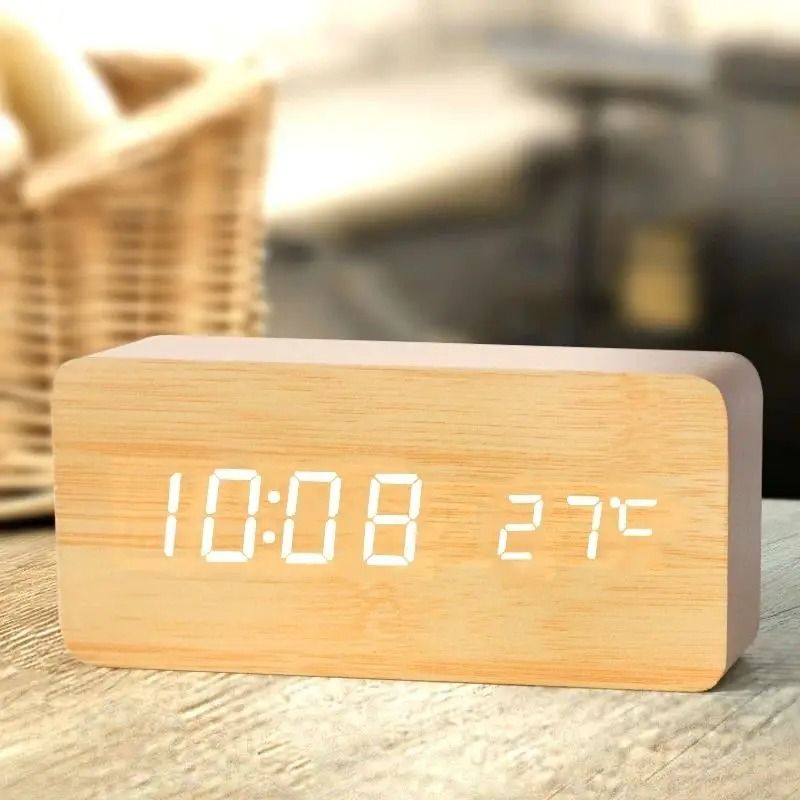 Wood Digital Alarm Clock with LED Temperature Display