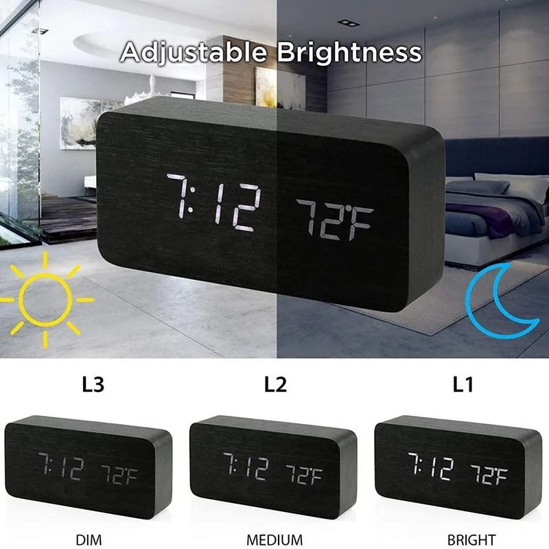 Wood Digital Alarm Clock With LED Temperature Display 2