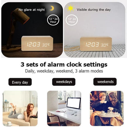 Wood Digital Alarm Clock With LED Temperature Display 3