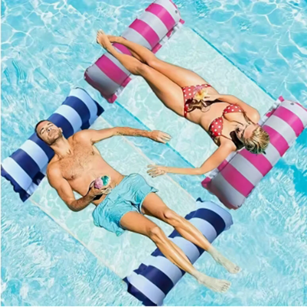 Beach & Pool Foldable Striped Inflatable Lounge Chair with Net Backrest, Comfortable Floating Bed for Summer Parties