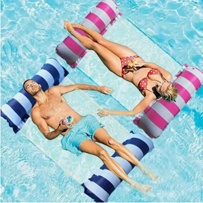 Beach & Pool Foldable Striped Inflatable Lounge Chair with Net Backrest, Comfortable Floating Bed for Summer Parties