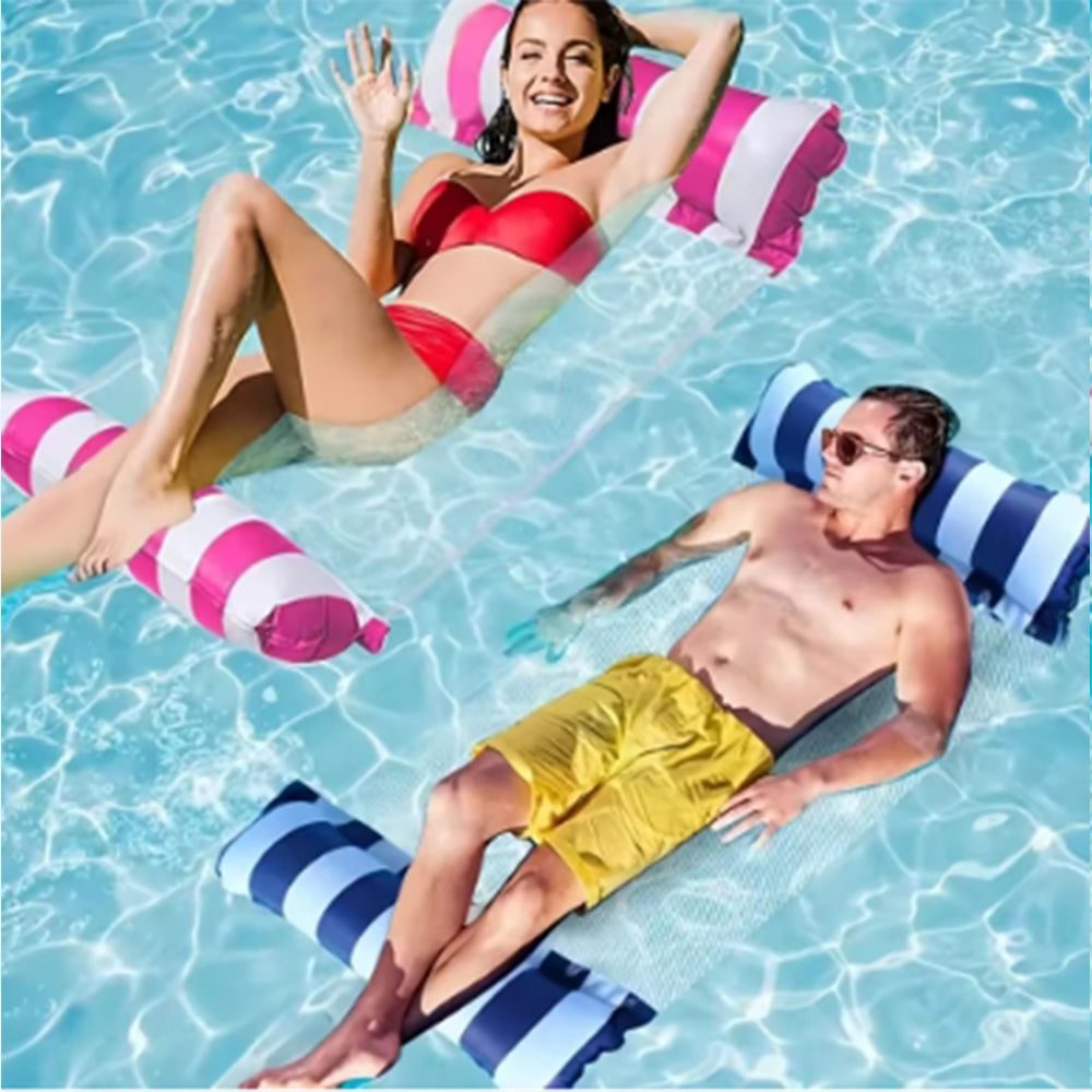 Beach & Pool Foldable Striped Inflatable Lounge Chair with Net Backrest, Comfortable Floating Bed for Summer Parties